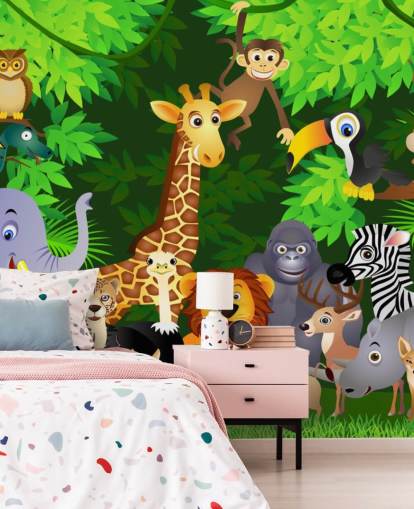carta da parati murale colorata personalizzabile con animali dei cartoni animati chiamata Animals in the Jungle per la cameretta dei bambini