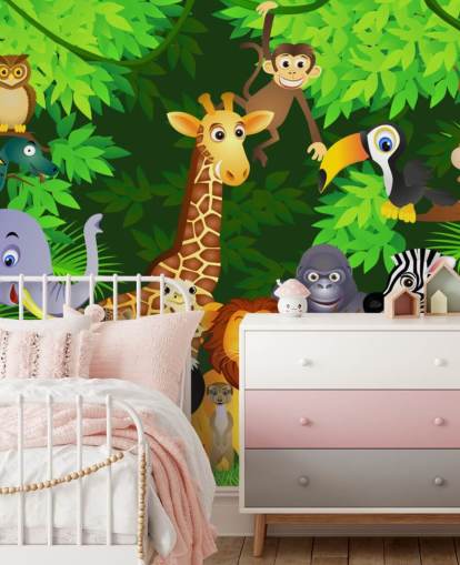 kleurrijke aanpasbare cartoon behangmuurschildering met dieren genaamd Animals in the Jungle voor de kinderkamer