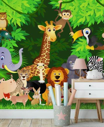 papier peint mural coloré d'animaux de dessin animé personnalisable appelé Animals in the Jungle pour chambre d'enfant