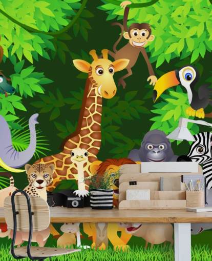 kleurrijke aanpasbare cartoon behangmuurschildering met dieren genaamd Animals in the Jungle voor de kinderkamer