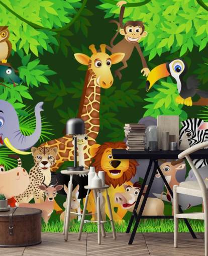 colorful customizable cartoon animal wallpaper mural called Animals in the Jungle for child's bedroom colorful customizable cartoon animal wallpaper mural called Animals in the Jungle for child's bedroom