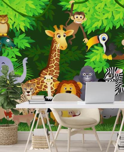 Buntes personalisierbares Cartoon-Tapetentapete mit dem Titel Tiere im Dschungel für das Kinderzimmer