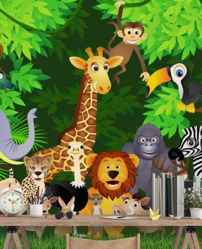 colorido mural de papel pintado de animales de dibujos animados personalizable llamado Animales en la jungla para dormitorio infantil