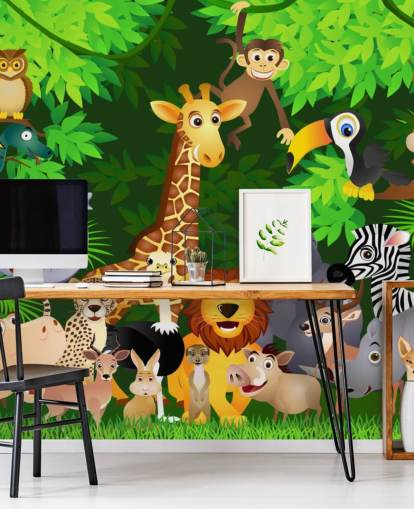 colorido mural de papel pintado de animales de dibujos animados personalizable llamado Animales en la jungla para dormitorio infantil