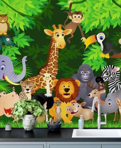 carta da parati murale colorata personalizzabile con animali dei cartoni animati chiamata Animals in the Jungle per la cameretta dei bambini carta da parati murale colorata personalizzabile con animali dei cartoni animati chiamata Animals in the Jungle per la cameretta dei bambini