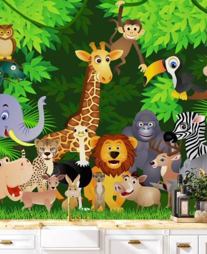 colorido mural de papel pintado de animales de dibujos animados personalizable llamado Animales en la jungla para dormitorio infantil