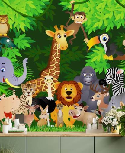 colorido mural de papel pintado de animales de dibujos animados personalizable llamado Animales en la jungla para dormitorio infantil