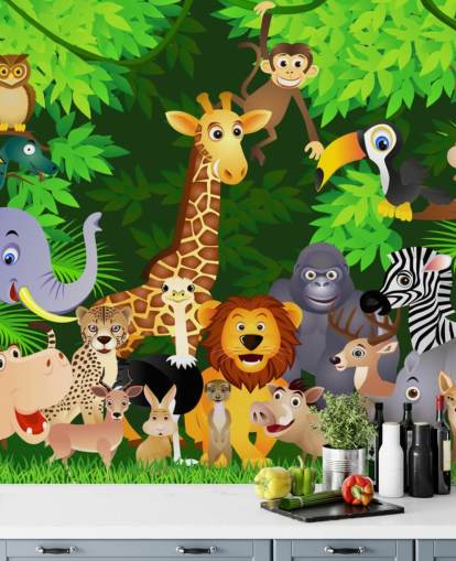 fargerikt tilpassbart tegneserie dyretapet veggmaleri kalt Animals in the Jungle for barnas soverom