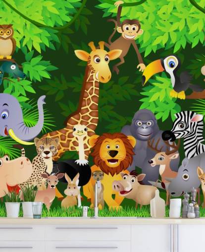 colorido mural de papel pintado de animales de dibujos animados personalizable llamado Animales en la jungla para dormitorio infantil