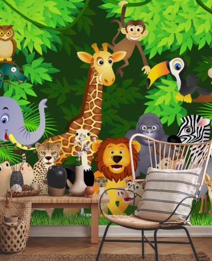 carta da parati murale colorata personalizzabile con animali dei cartoni animati chiamata Animals in the Jungle per la cameretta dei bambini