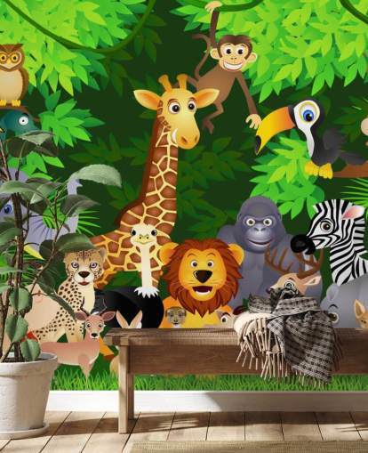 papier peint mural coloré d'animaux de dessin animé personnalisable appelé Animals in the Jungle pour chambre d'enfant