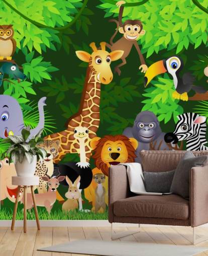 colorido mural de papel pintado de animales de dibujos animados personalizable llamado Animales en la jungla para dormitorio infantil