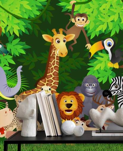 Buntes personalisierbares Cartoon-Tapetentapete mit dem Titel Tiere im Dschungel für das Kinderzimmer