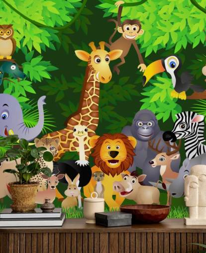 colourful customisable cartoon animal wallpaper mural called Animals in the Jungle for child's bedroom