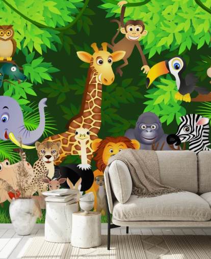 colorido mural de papel pintado de animales de dibujos animados personalizable llamado Animales en la jungla para dormitorio infantil