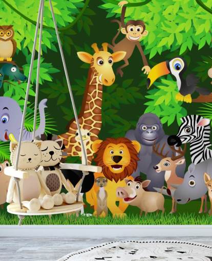papier peint mural coloré d'animaux de dessin animé personnalisable appelé Animals in the Jungle pour chambre d'enfant