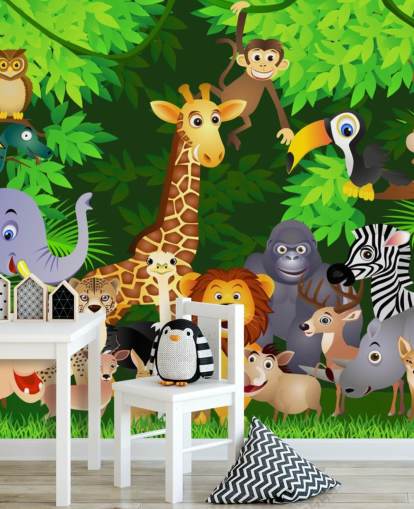 colorful customizable cartoon animal wallpaper mural called Animals in the Jungle for child's bedroom