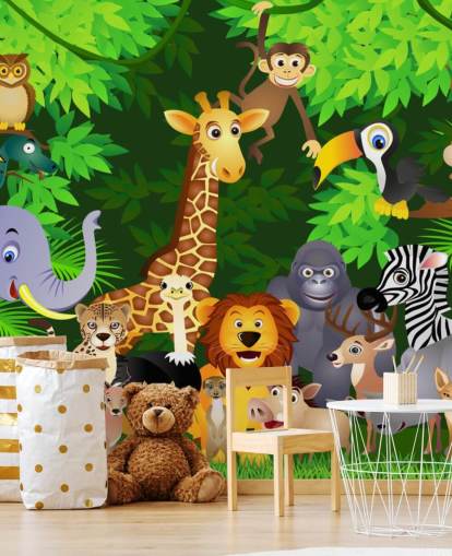 carta da parati murale colorata personalizzabile con animali dei cartoni animati chiamata Animals in the Jungle per la cameretta dei bambini