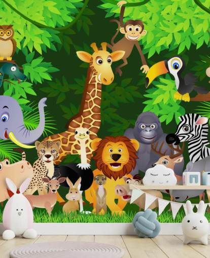 colourful customisable cartoon animal wallpaper mural called Animals in the Jungle for child's bedroom colourful customisable cartoon animal wallpaper mural called Animals in the Jungle for child's bedroom