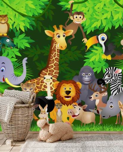 Buntes personalisierbares Cartoon-Tapetentapete mit dem Titel Tiere im Dschungel für das Kinderzimmer