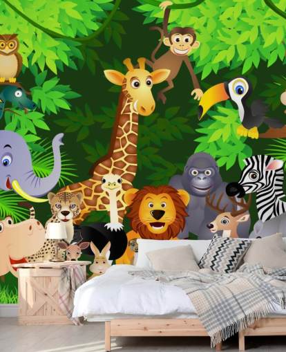 mural colorido de papel de parede de animais de desenho animado personalizável chamado Animals in the Jungle para quarto de criança