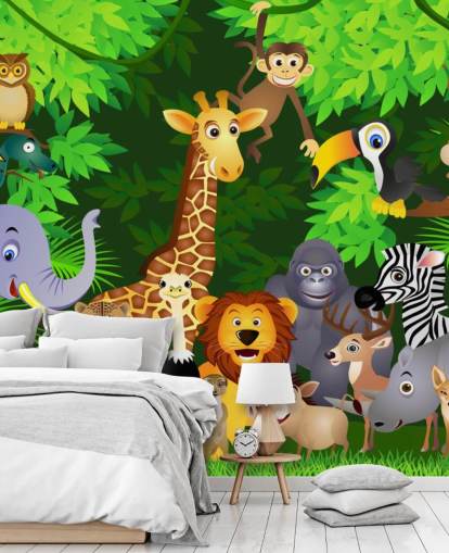 papier peint mural coloré d'animaux de dessin animé personnalisable appelé Animals in the Jungle pour chambre d'enfant