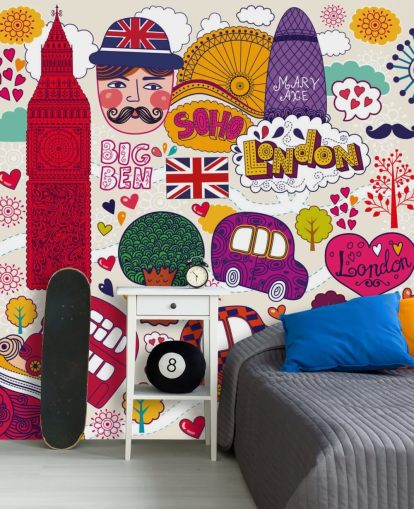 Colourful Drawn London Wallpaper