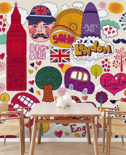 Colourful Drawn London Wallpaper