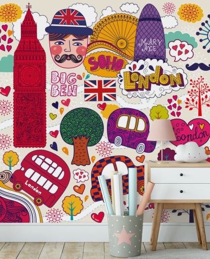 Bunt gezeichnete Londoner Tapete