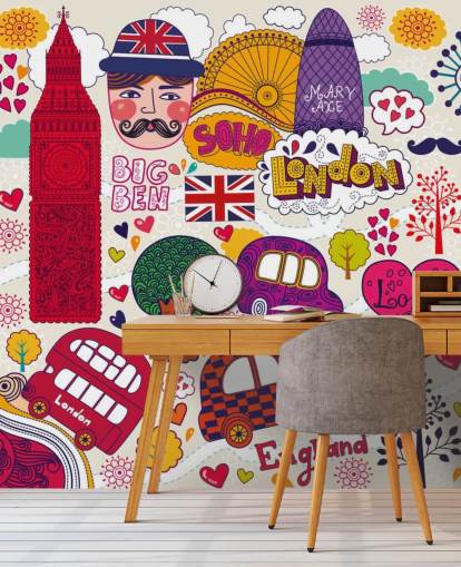 Colourful Drawn London Wallpaper