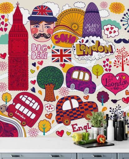 Colourful Drawn London Wallpaper