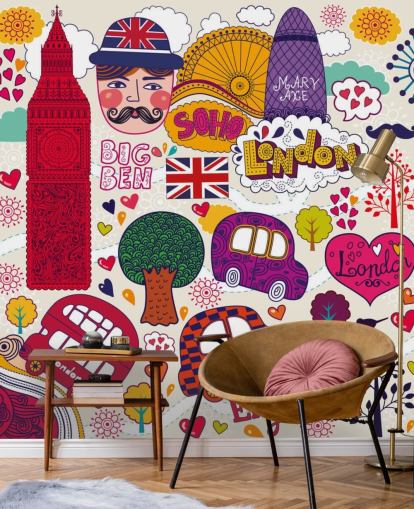 Colourful Drawn London Wallpaper