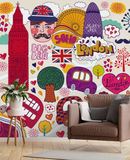 Colourful Drawn London Wallpaper