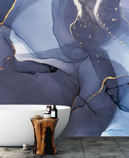 marineblå og guld brugerdefineret tapetmaleri kaldet Blue Swirl Watercolour til køkkener, badeværelser og stuer