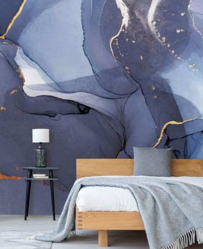 navy blue and gold custom wallpaper mural called Blue Swirl Watercolour for kitchens, bathrooms and living rooms