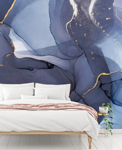 Maßgeschneidertes Tapeten-Wandbild in Marineblau und Gold namens Blue Swirl Watercolour für Küchen, Badezimmer und Wohnzimmer