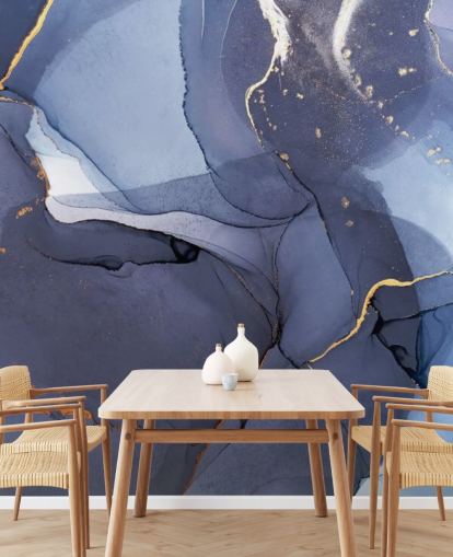 papier peint mural personnalisé bleu marine et or appelé Blue Swirl Watercolour pour les cuisines, les salles de bain et les salons