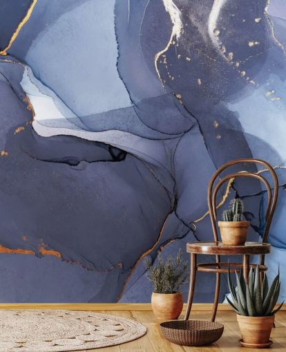 carta da parati murale personalizzata blu marino e oro chiamata Blue Swirl Watercolour per cucine, bagni e salotti