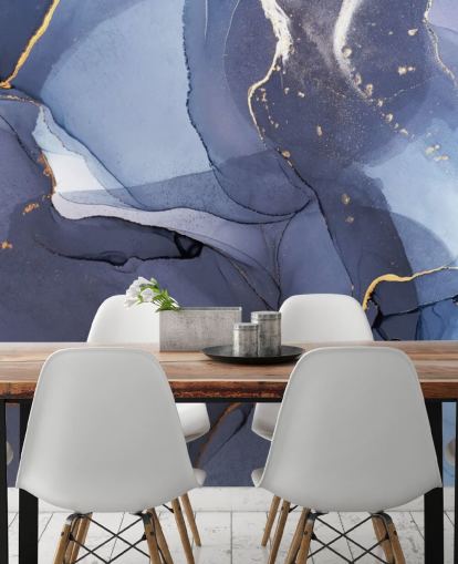 navy blue and gold custom wallpaper mural called Blue Swirl Watercolour for kitchens, bathrooms and living rooms