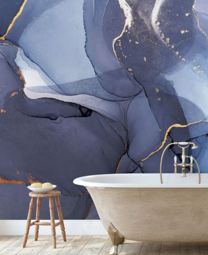 navy blue and gold custom wallpaper mural called Blue Swirl Watercolor for kitchens, bathrooms and living rooms