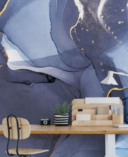 carta da parati murale personalizzata blu marino e oro chiamata Blue Swirl Watercolour per cucine, bagni e salotti