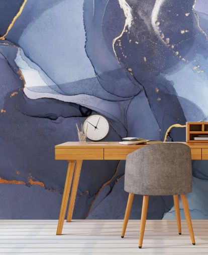 marineblått og gull tilpasset tapetmaleri kalt Blue Swirl Watercolour for kjøkken, bad og stuer marineblått og gull tilpasset tapetmaleri kalt Blue Swirl Watercolour for kjøkken, bad og stuer