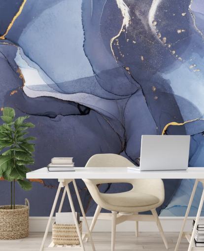 navy blue and gold custom wallpaper mural called Blue Swirl Watercolor for kitchens, bathrooms and living rooms