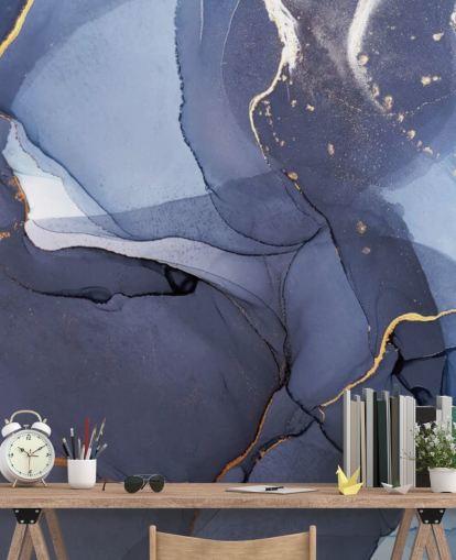 Maßgeschneidertes Tapeten-Wandbild in Marineblau und Gold namens Blue Swirl Watercolour für Küchen, Badezimmer und Wohnzimmer