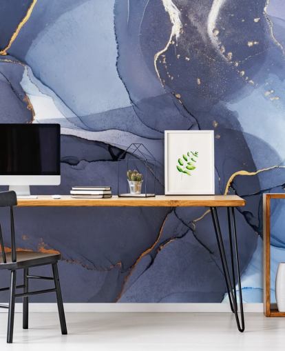 navy blue and gold custom wallpaper mural called Blue Swirl Watercolor for kitchens, bathrooms and living rooms