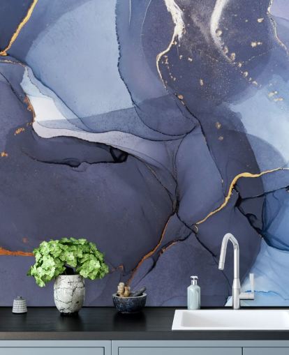marinblå och guld anpassad tapetväggmålning kallad Blue Swirl Watercolour för kök, badrum och vardagsrum marinblå och guld anpassad tapetväggmålning kallad Blue Swirl Watercolour för kök, badrum och vardagsrum