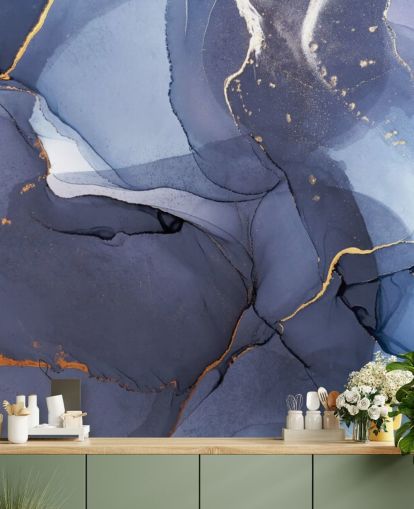 mural de papel pintado personalizado azul marino y dorado llamado Blue Swirl Watercolour para cocinas, baños y salas de estar mural de papel pintado personalizado azul marino y dorado llamado Blue Swirl Watercolour para cocinas, baños y salas de estar