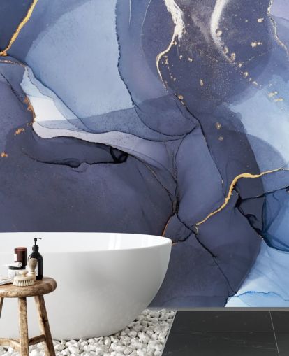 Maßgeschneidertes Tapeten-Wandbild in Marineblau und Gold namens Blue Swirl Watercolour für Küchen, Badezimmer und Wohnzimmer