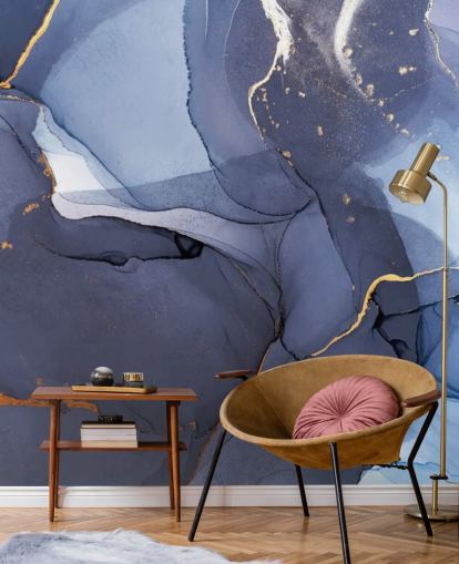navy blue and gold custom wallpaper mural called Blue Swirl Watercolor for kitchens, bathrooms and living rooms