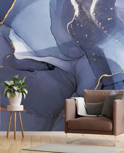 navy blue and gold custom wallpaper mural called Blue Swirl Watercolour for kitchens, bathrooms and living rooms